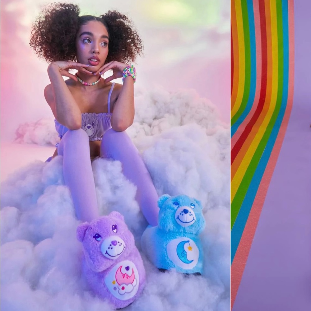 Beautiful doll kills Carebear slippers brand new never used